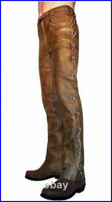 Men's Cowboy Pants Western Distressed Vintage Native American Side Laces Up Pant