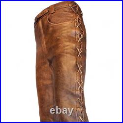 Men's Cowboy Pants Western Distressed Vintage Native American Side Laces Up Pant