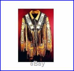 Men's Handmade Native American Red Indian Leather Jacket Fringes Beads