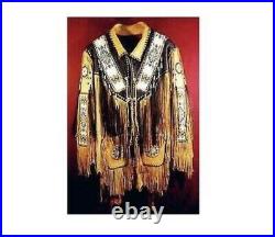 Men's Handmade Native American Red Indian Leather Jacket Fringes beads