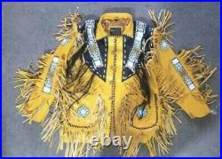 Men's Handmade Native American Red Indian Leather Jacket Fringes beads