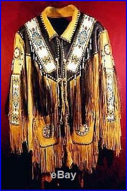 Men's Handmade Native American Red Indian Tan Leather Jacket Fringes