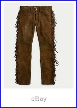 Men's Native American Brown Cow suede leather Jeans style pants with fringes 999