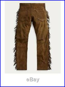 Men's Native American Brown Cow suede leather Jeans style pants with fringes 999