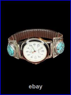 Men's Vintage Sterling Silver Turquoise Watch Tips Signed Tom Native Style