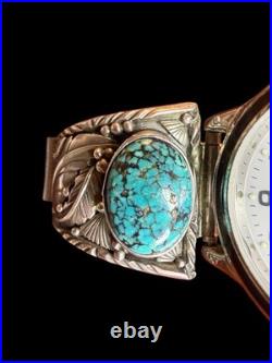 Men's Vintage Sterling Silver Turquoise Watch Tips Signed Tom Native Style