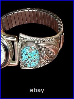 Men's Vintage Sterling Silver Turquoise Watch Tips Signed Tom Native Style