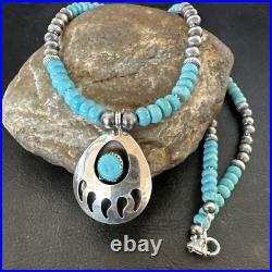 Mens Blue Turquoise BearPaw Pendant Navajo Pearls Sterling Silver Necklace 17880 Mens Blue Turquoise BearPaw Pendant Navajo Pearls Sterling Silver Necklace 17880