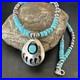 Mens Blue Turquoise BearPaw Pendant Navajo Pearls Sterling Silver Necklace 17880