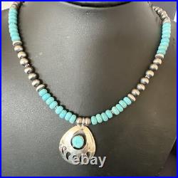 Mens Blue Turquoise BearPaw Pendant Navajo Pearls Sterling Silver Necklace 17880