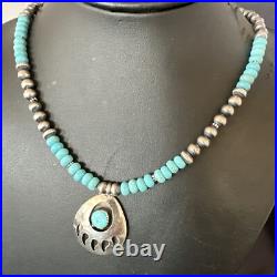 Mens Blue Turquoise BearPaw Pendant Navajo Pearls Sterling Silver Necklace 17880