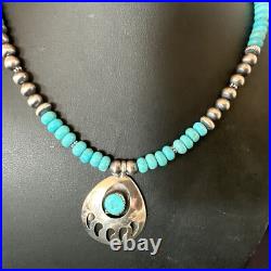 Mens Blue Turquoise BearPaw Pendant Navajo Pearls Sterling Silver Necklace 17880