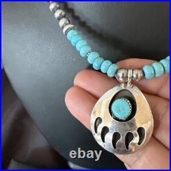 Mens Blue Turquoise BearPaw Pendant Navajo Pearls Sterling Silver Necklace 17880