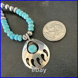 Mens Blue Turquoise BearPaw Pendant Navajo Pearls Sterling Silver Necklace 17880