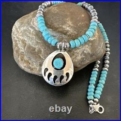 Mens Blue Turquoise BearPaw Pendant Navajo Pearls Sterling Silver Necklace 17880