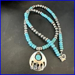 Mens Blue Turquoise BearPaw Pendant Navajo Pearls Sterling Silver Necklace 17880