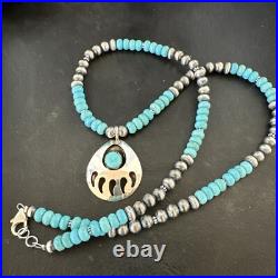 Mens Blue Turquoise BearPaw Pendant Navajo Pearls Sterling Silver Necklace 17880