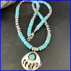Mens Blue Turquoise BearPaw Pendant Navajo Pearls Sterling Silver Necklace 17880 Mens Blue Turquoise BearPaw Pendant Navajo Pearls Sterling Silver Necklace 17880
