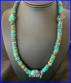 Mens Navajo Blue Turquoise Nugget Heishi Sterling Silver Bead Necklace 11662 21