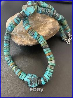 Mens Navajo Blue Turquoise Nugget Heishi Sterling Silver Bead Necklace 11662 21