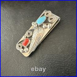 Mens Women Blue Turquoise Coral Navajo Stainless Stamped Silver Money Clip 19735