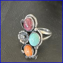 Multicolor Ring Turquoise Spiny Navajo Sterling Silver Cluster Size 7 19178