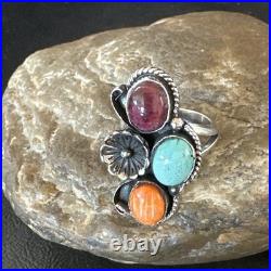 Multicolor Ring Turquoise Spiny Navajo Sterling Silver Cluster Size 7 19178