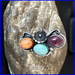 Multicolor Ring Turquoise Spiny Navajo Sterling Silver Cluster Size 7 19178
