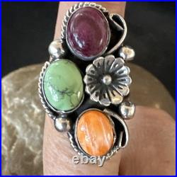 Multicolor Ring Turquoise Spiny Navajo Sterling Silver Cluster Size 7 19179