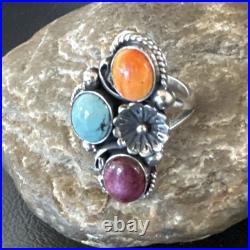 Multicolor Ring Turquoise Spiny Navajo Sterling Silver Cluster Size 8.5 19167