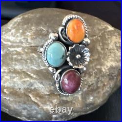Multicolor Ring Turquoise Spiny Navajo Sterling Silver Cluster Size 8.5 19167