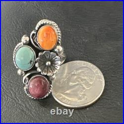 Multicolor Ring Turquoise Spiny Navajo Sterling Silver Cluster Size 8.5 19167