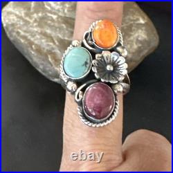 Multicolor Ring Turquoise Spiny Navajo Sterling Silver Cluster Size 8.5 19167