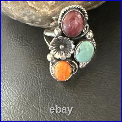 Multicolor Ring Turquoise Spiny Navajo Sterling Silver Cluster Size 8.5 19167