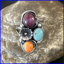 Multicolor Ring Turquoise Spiny Navajo Sterling Silver Cluster Size 8.5 19167