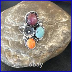Multicolor Ring Turquoise Spiny Navajo Sterling Silver Cluster Size 8.5 19167