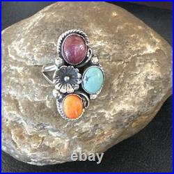 Multicolor Ring Turquoise Spiny Navajo Sterling Silver Cluster Size 8.5 19167