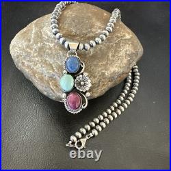 Multicolor Turquoise Spiny Navajo Sterling Silver Cluster Pendant Necklace 19313