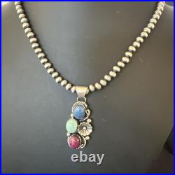 Multicolor Turquoise Spiny Navajo Sterling Silver Cluster Pendant Necklace 19313