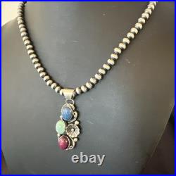 Multicolor Turquoise Spiny Navajo Sterling Silver Cluster Pendant Necklace 19313