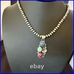 Multicolor Turquoise Spiny Navajo Sterling Silver Cluster Pendant Necklace 19313