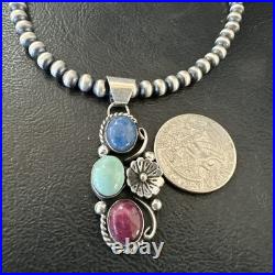 Multicolor Turquoise Spiny Navajo Sterling Silver Cluster Pendant Necklace 19313
