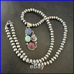 Multicolor Turquoise Spiny Navajo Sterling Silver Cluster Pendant Necklace 19313