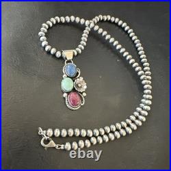 Multicolor Turquoise Spiny Navajo Sterling Silver Cluster Pendant Necklace 19313