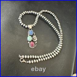 Multicolor Turquoise Spiny Navajo Sterling Silver Cluster Pendant Necklace 19313