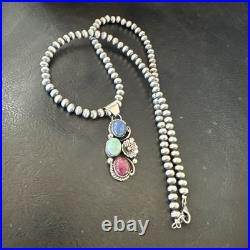 Multicolor Turquoise Spiny Navajo Sterling Silver Cluster Pendant Necklace 19313