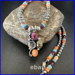 Multicolor Turquoise Spiny Navajo Sterling Silver Cluster Pendant Necklace 19640 Multicolor Turquoise Spiny Navajo Sterling Silver Cluster Pendant Necklace 19640