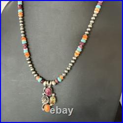 Multicolor Turquoise Spiny Navajo Sterling Silver Cluster Pendant Necklace 19640