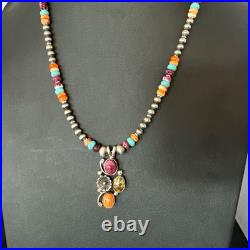 Multicolor Turquoise Spiny Navajo Sterling Silver Cluster Pendant Necklace 19640