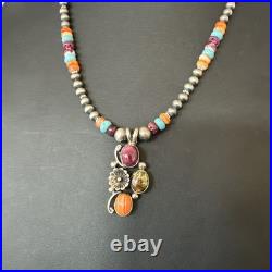 Multicolor Turquoise Spiny Navajo Sterling Silver Cluster Pendant Necklace 19640 Multicolor Turquoise Spiny Navajo Sterling Silver Cluster Pendant Necklace 19640